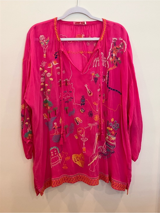 Johnny Was Tops - Johnny Was Bright Fuchsia Embroidered V-Neck Tunic